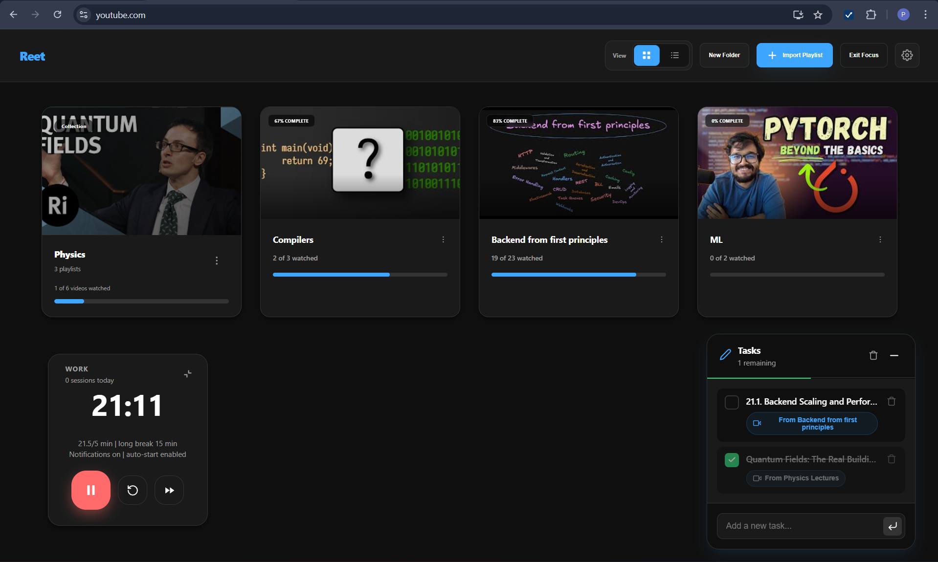 Reet Dashboard Interface showing playlist library and progress tracking