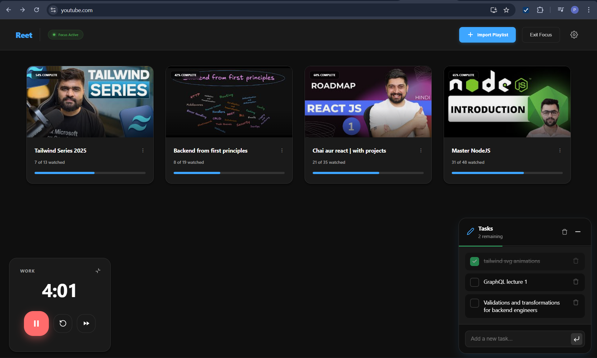 Reet Dashboard Interface showing playlist library